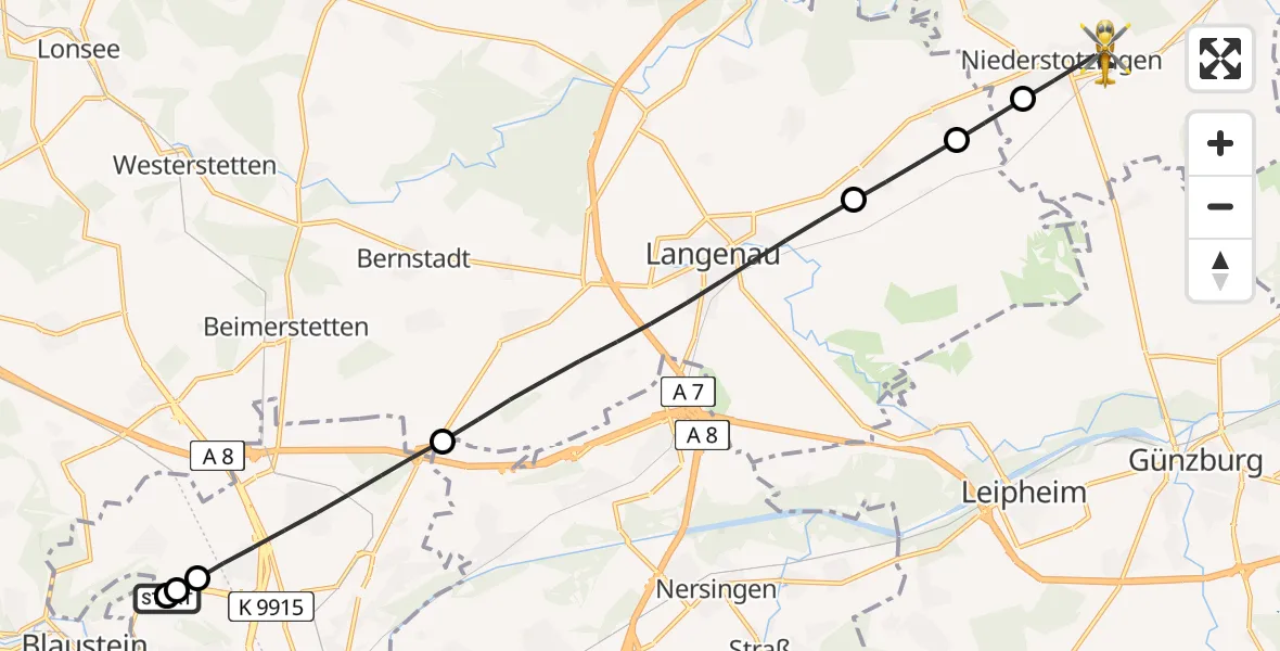 Flugroute Rettungshubschrauber Ulm Military Hospital Emergency - Niederstotzingen, 11 August 2026, 12:17