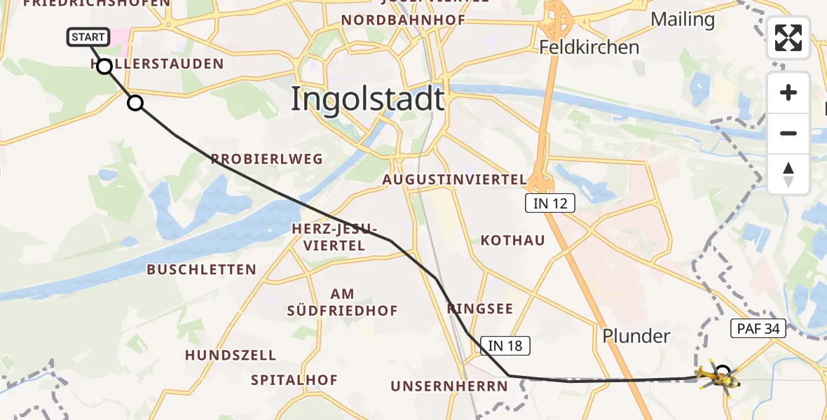 Flugroute Rettungshubschrauber Ingolstadt Hospital - Manching, 11 August 2026, 12:19