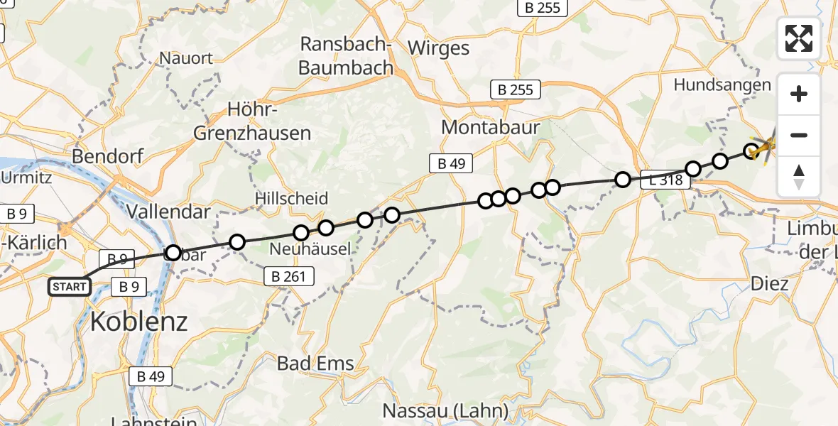 Flugroute Rettungshubschrauber Koblenz - Limburg-Elz Flugplatz, 11 August 2026, 12:24