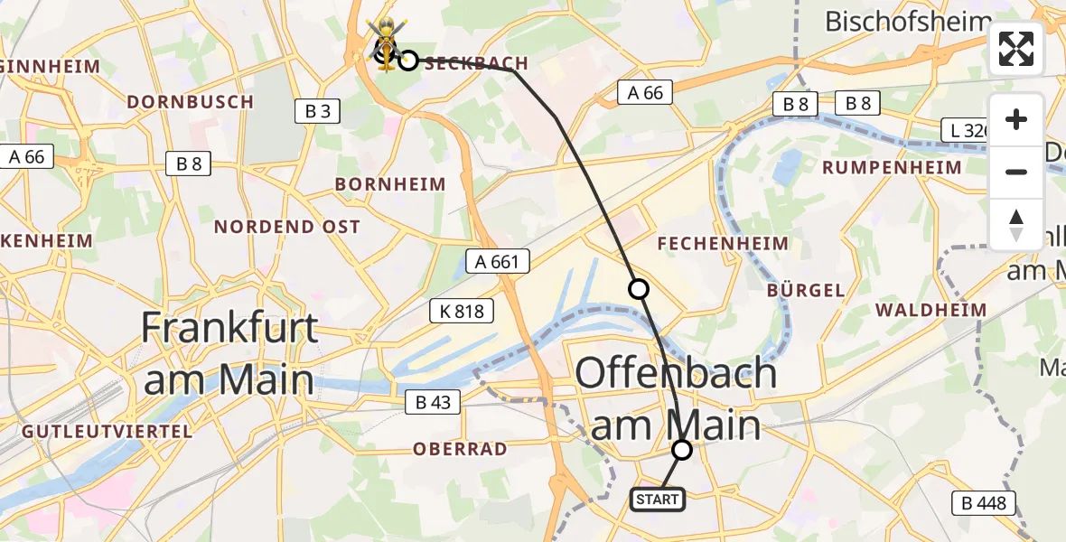 Flugroute Rettungshubschrauber Sana Hospital Offenbach - Frankfurt am Main Accident Hospital Roof Helipad (CHX2), 11 August 2026, 12:25