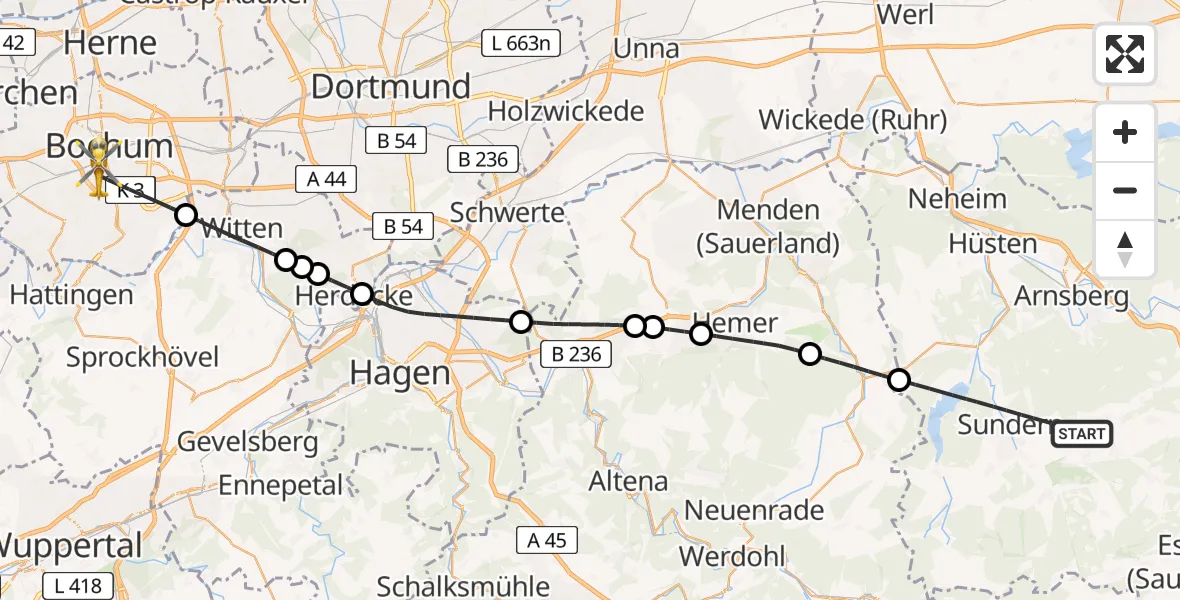Flugroute Rettungshubschrauber Sundern (Sauerland) - Bochum, 11 August 2026, 12:25