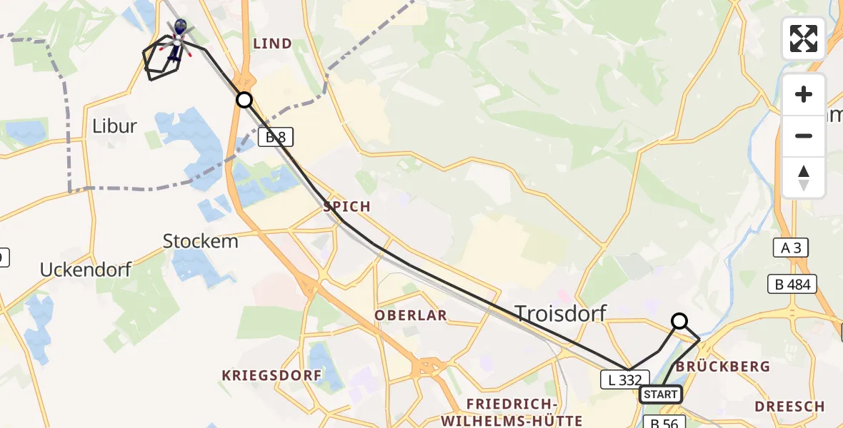 Flugroute Polizeihubschrauber Siegburg - Köln, 11 August 2026, 12:30