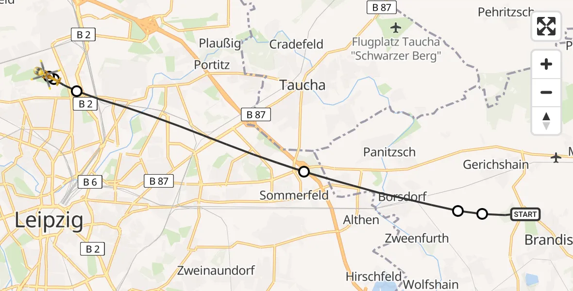 Flugroute Rettungshubschrauber Brandis - Sankt Georg Hospital Leipzig Reserve, 11 August 2026, 12:30