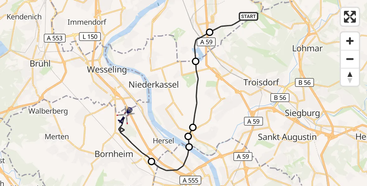 Flugroute Polizeihubschrauber Köln Bonn Flughafen - Bornheim, 11 August 2026, 12:31