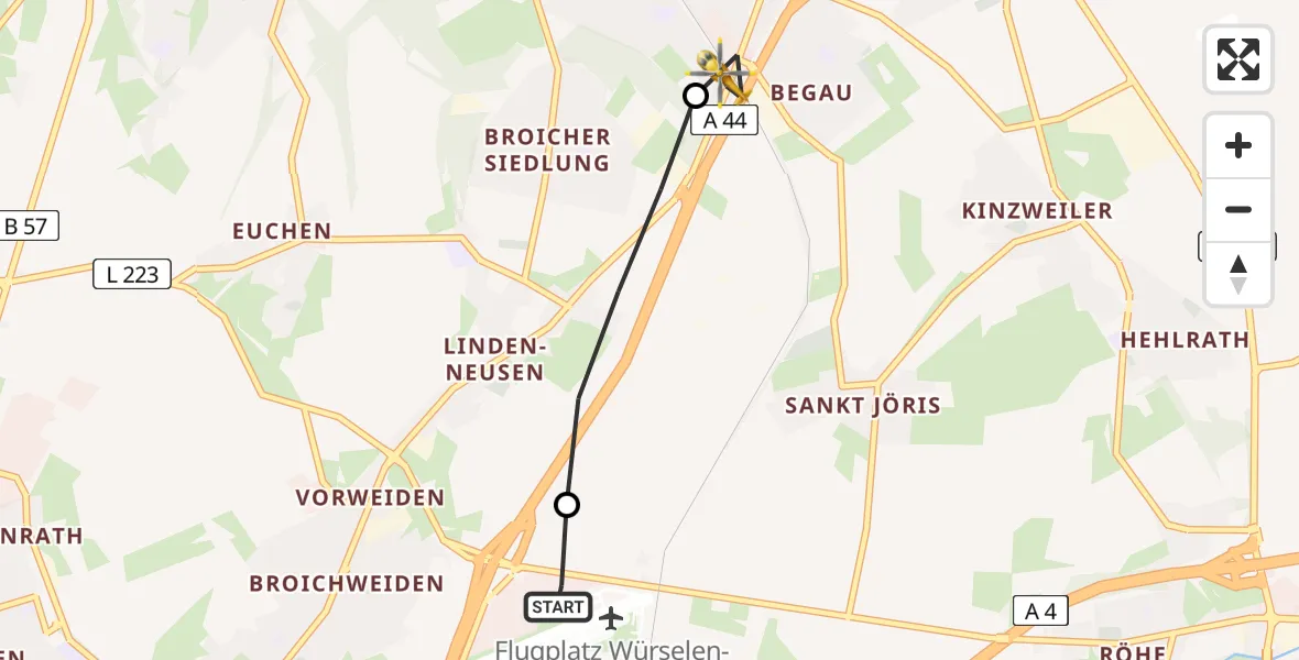 Flugroute Rettungshubschrauber Aachen-Merzbrück Flughafen - Alsdorf, 11 August 2026, 12:32