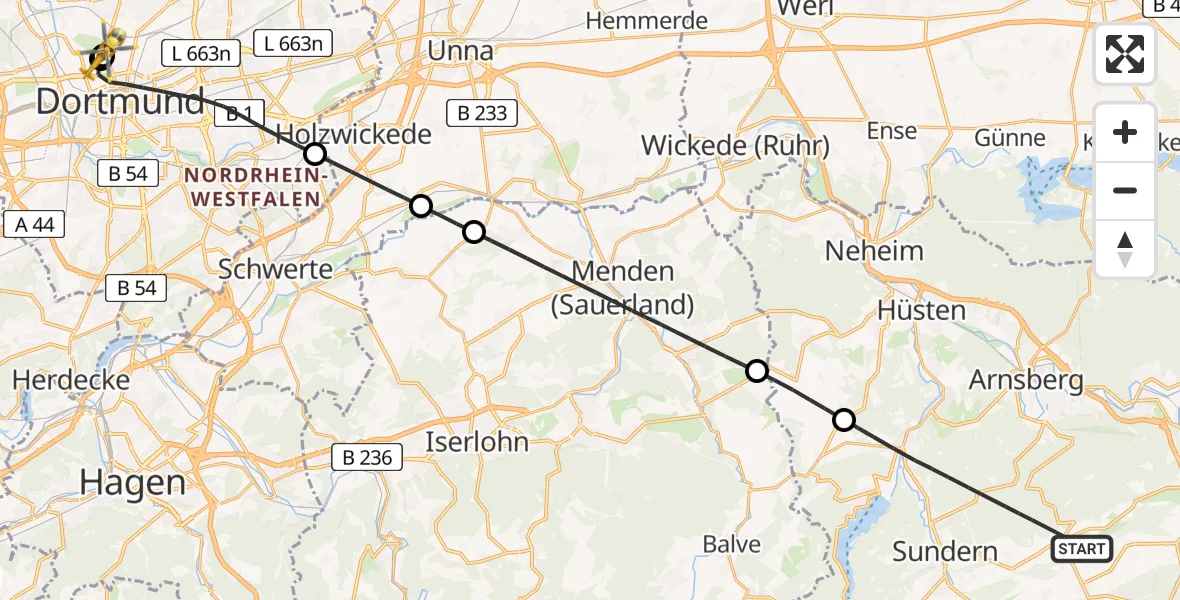 Flugroute Rettungshubschrauber Sundern (Sauerland) - Dortmund Hospital North, 11 August 2026, 12:35