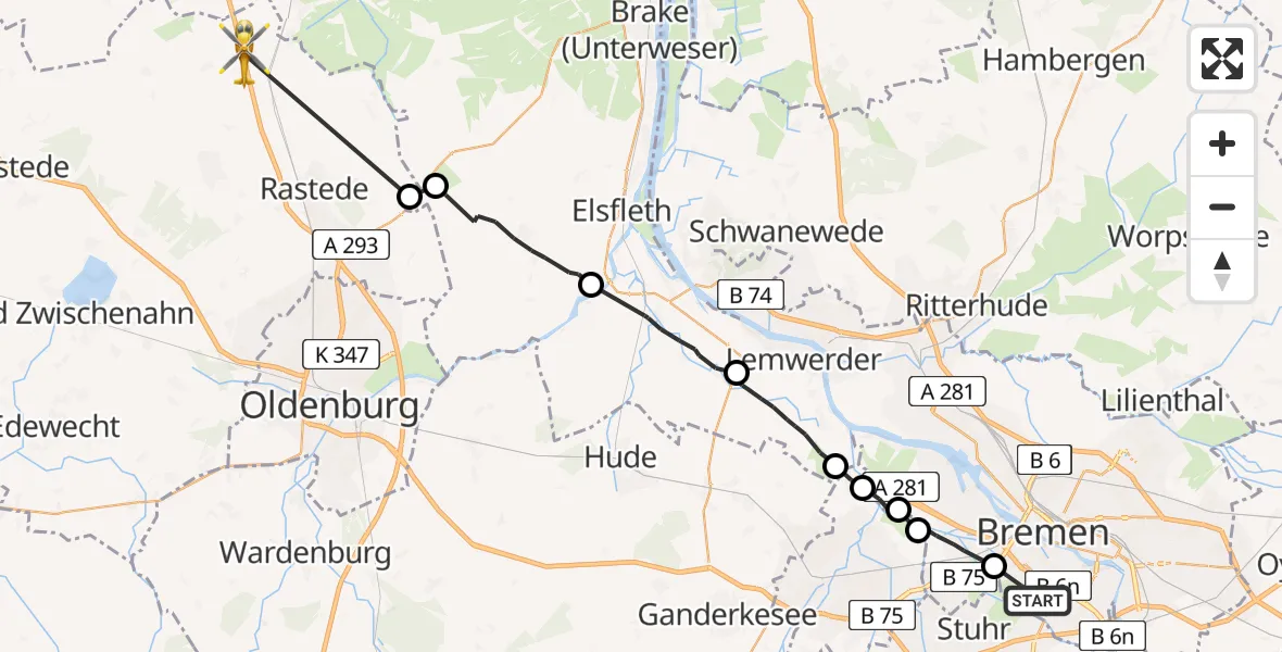 Flugroute Rettungshubschrauber Flughafen Bremen - Rastede, 11 August 2026, 12:36