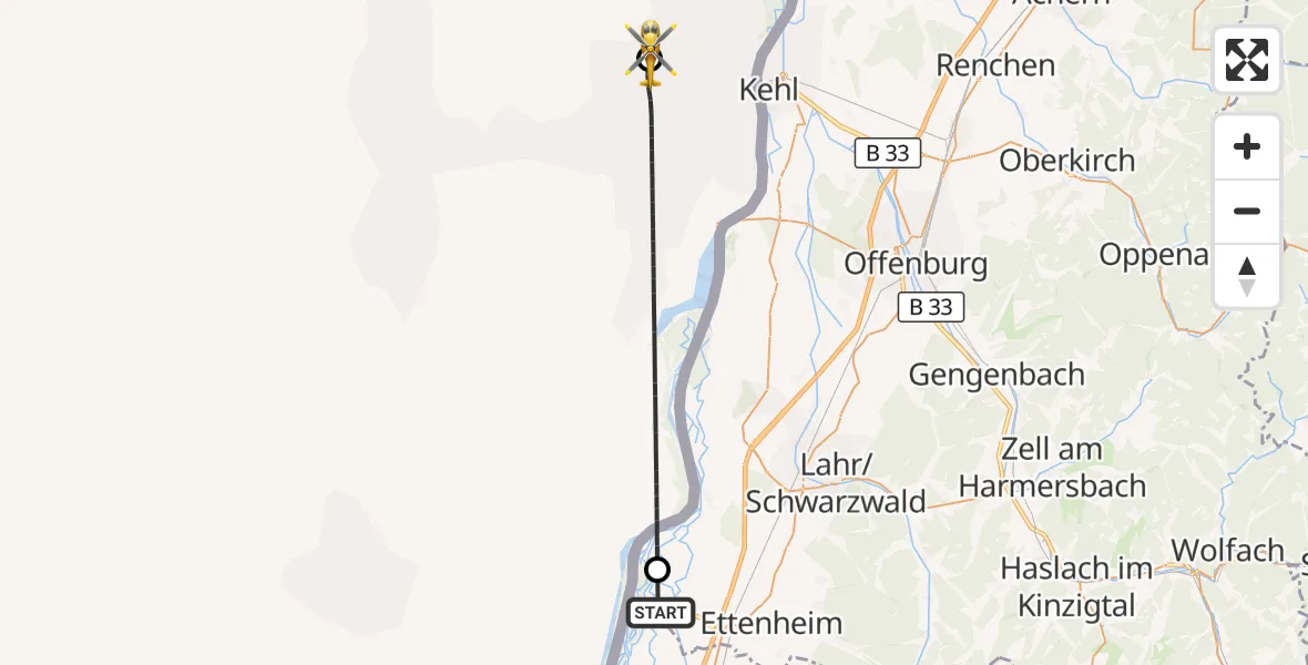 Flugroute Rettungshubschrauber Rust - Hautepierre Hospital Heliport, 11 August 2026, 12:40