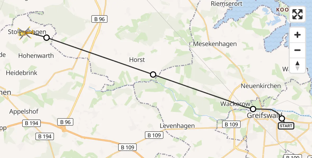 Flugroute Rettungshubschrauber Greifswald Hospital - Grimmen, 11 August 2026, 12:41