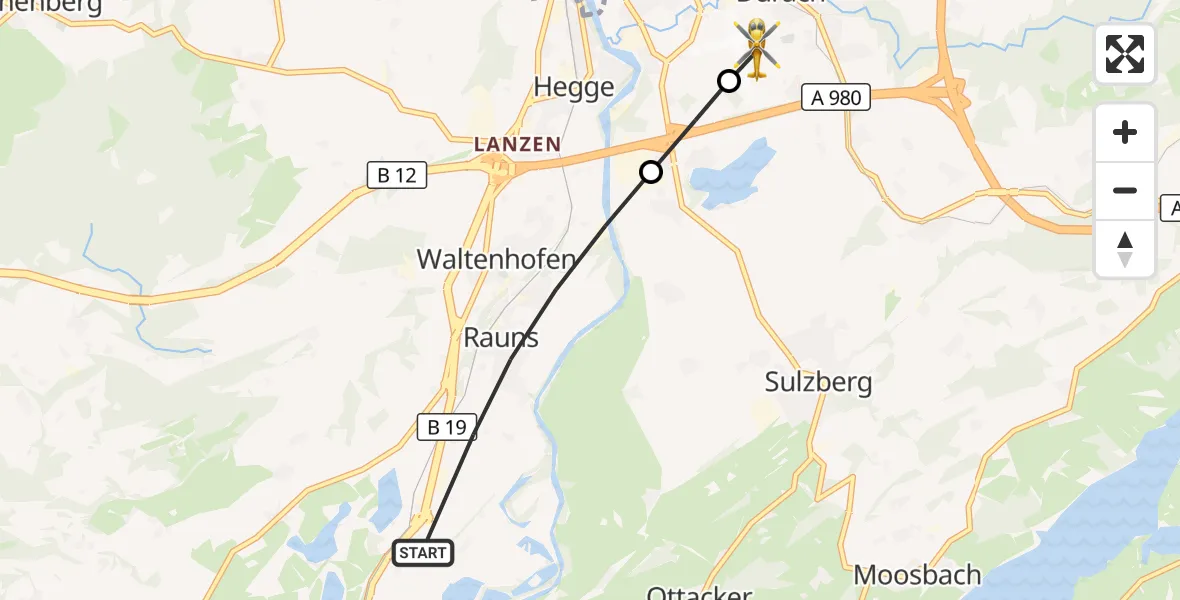 Flugroute Rettungshubschrauber Waltenhofen - Kempten-Durach Flugplatz, 11 August 2026, 12:45