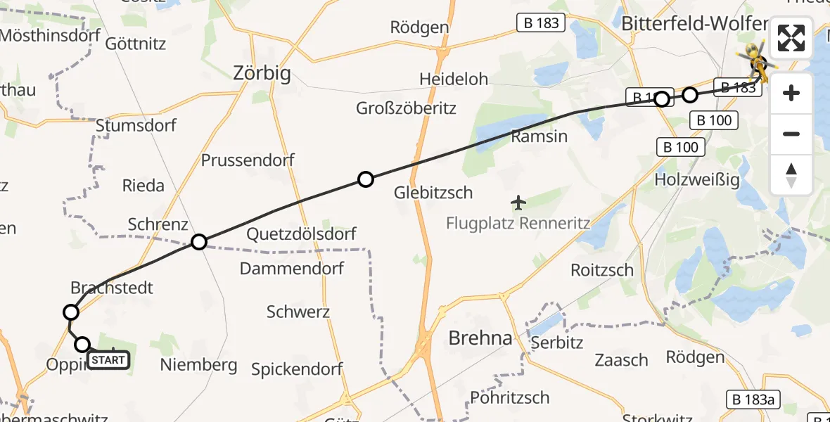 Flugroute Rettungshubschrauber Halle-Oppin Flugplatz - Bitterfield-Wolfen Health Center Hubschrauberlandeplatz, 11 August 2026, 12:51