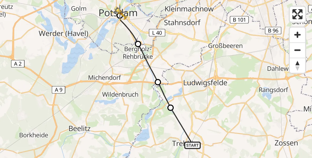 Flugroute Rettungshubschrauber Trebbin - Ernst von Bergmann Clinic Hubschrauberlandeplatz, 11 August 2026, 12:53