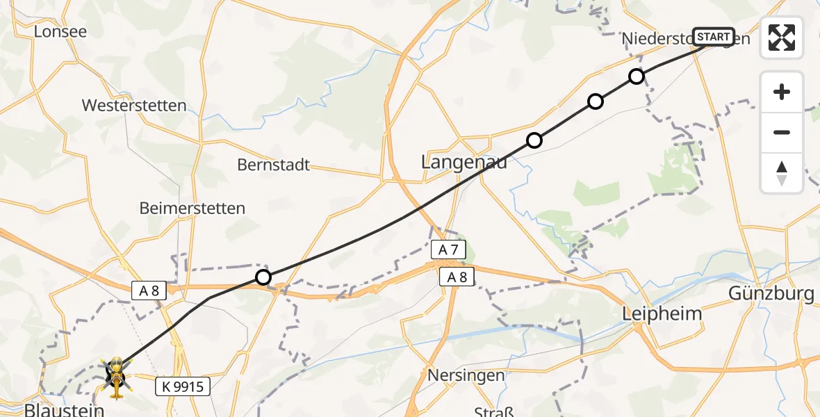Flugroute Rettungshubschrauber Niederstotzingen - ADAC Air Rescue Station Ulm (Christoph 22), 11 August 2026, 12:53