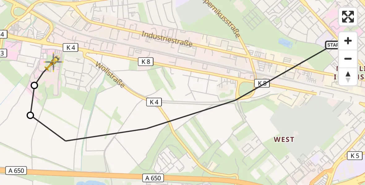 Flugroute Rettungshubschrauber Ludwigshafen am Rhein - Ludwigshafen Accident Hospital, 11 August 2026, 12:59