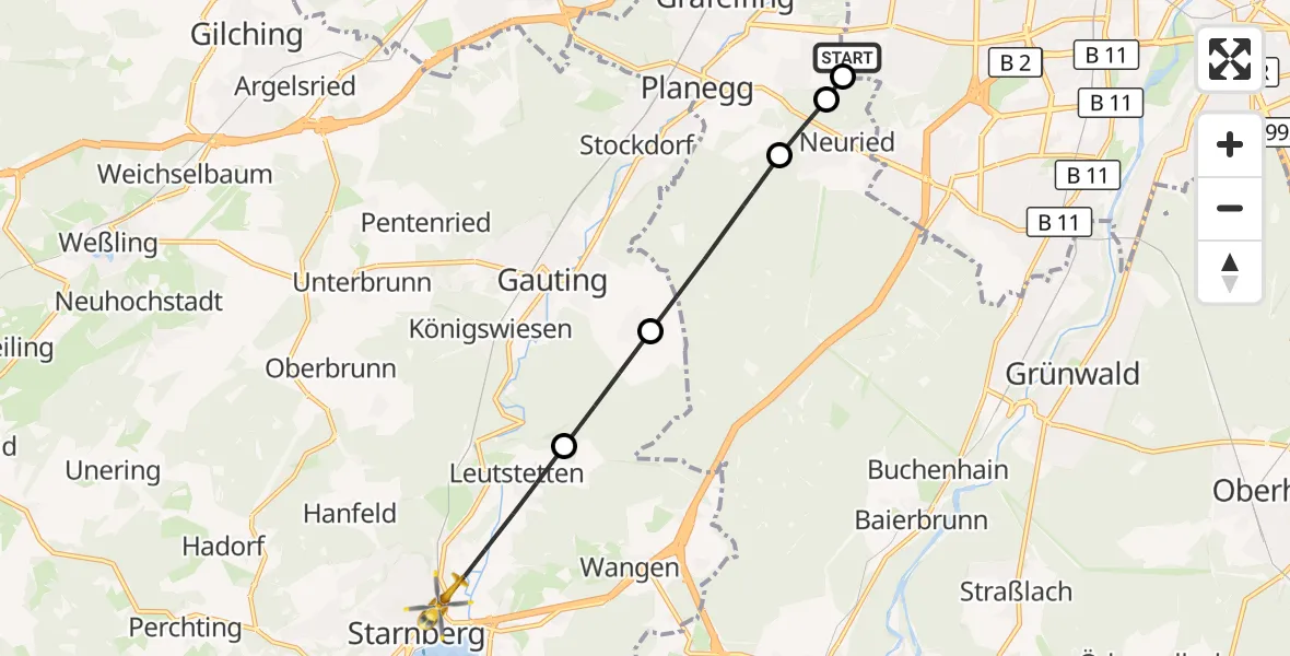 Flugroute Rettungshubschrauber DRF Air Rescue München Hubschrauberlandeplatz - Starnberg, 11 August 2026, 13:01