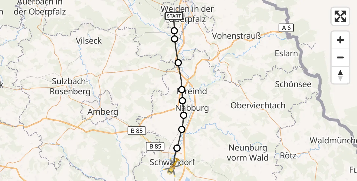 Flugroute Ambulanzhubschrauber Weiden i.d.OPf. - Schwandorf, 11 August 2026, 13:02