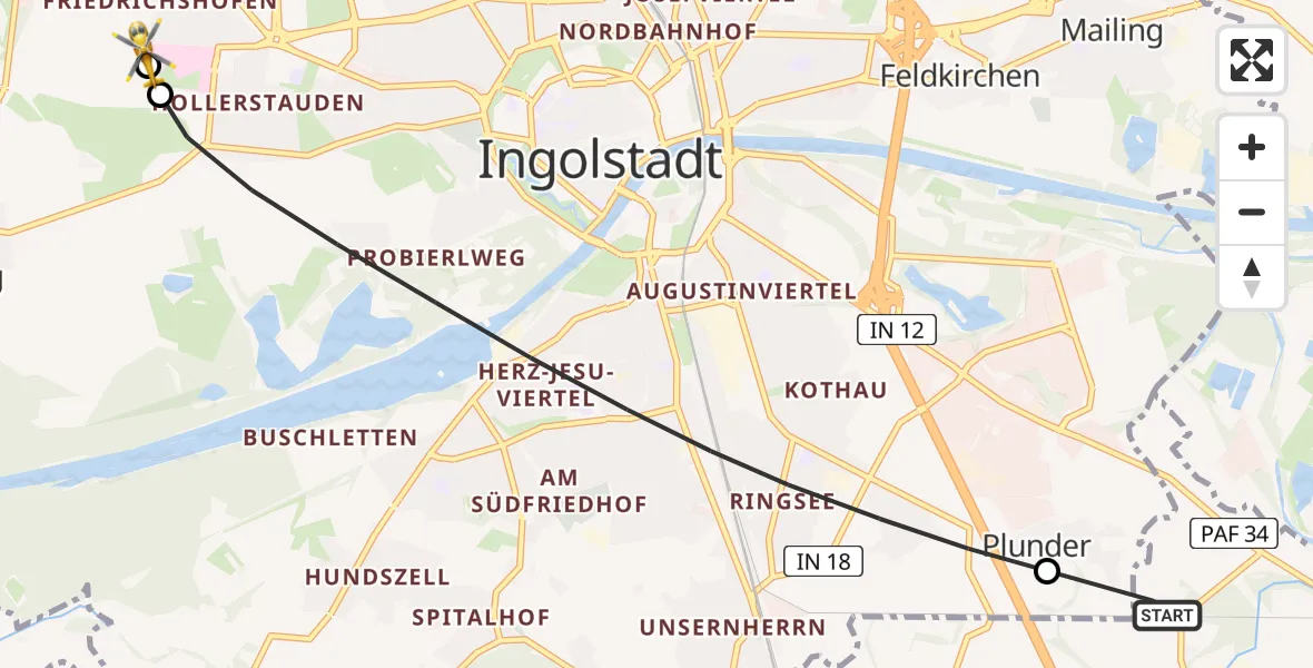 Flugroute Rettungshubschrauber Manching - Ingolstadt Hospital, 11 August 2026, 13:03