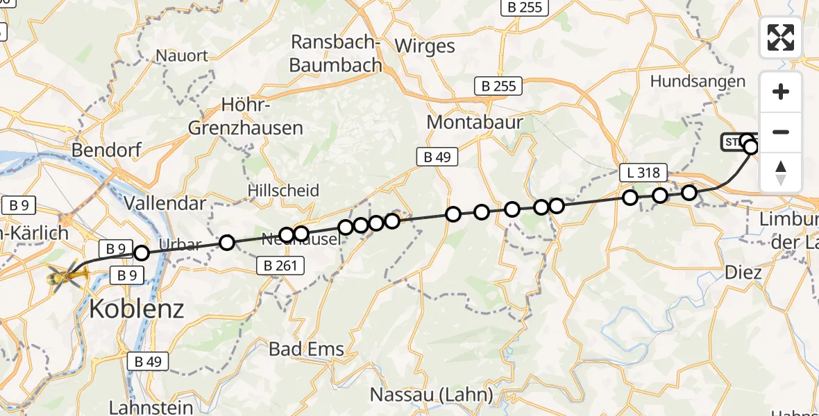 Flugroute Rettungshubschrauber Limburg-Elz Flugplatz - Koblenz, 11 August 2026, 13:05