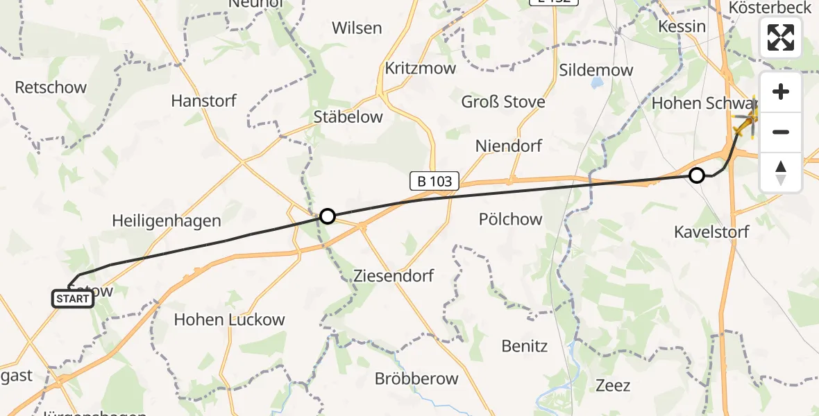 Flugroute Ambulanzhubschrauber Satow - Dummerstorf, 11 August 2026, 13:15