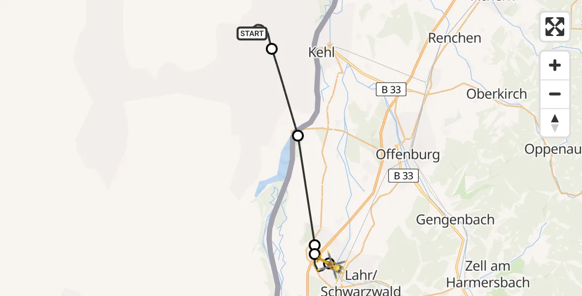 Flugroute Rettungshubschrauber Hautepierre Hospital Heliport - Lahr Flughafen, 11 August 2026, 13:15