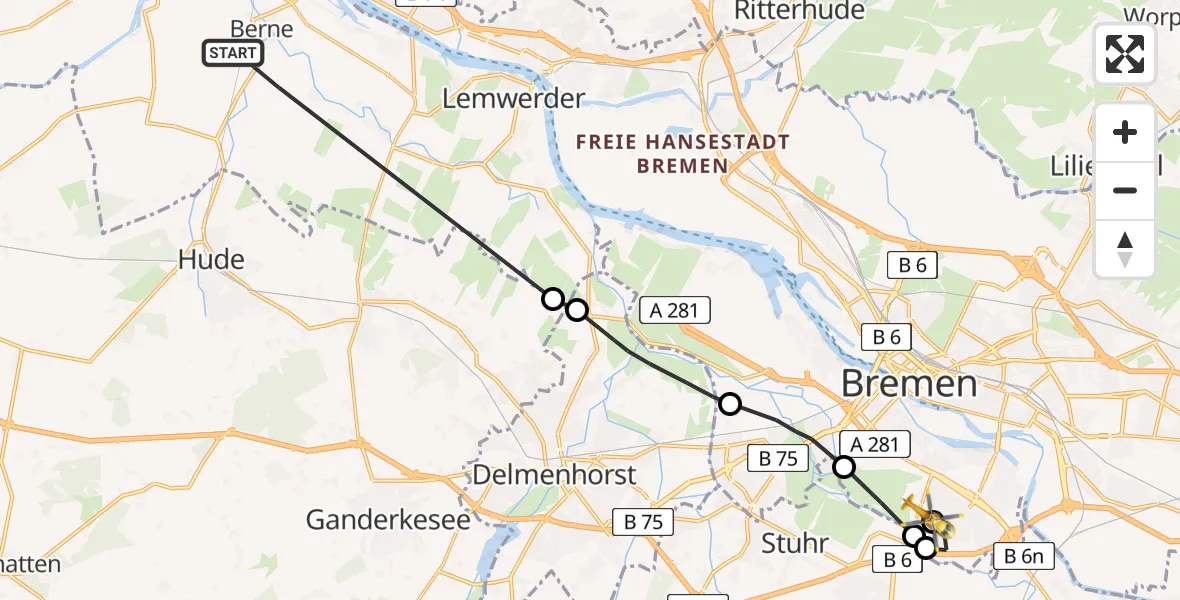 Flugroute Rettungshubschrauber Berne - ADAC Air Rescue Station Bremen Hubschrauberlandeplatz (Christoph 6), 11 August 2026, 13:19