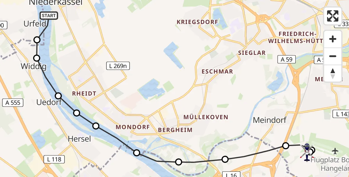 Flugroute Polizeihubschrauber Niederkassel - Sankt Augustin, 11 August 2026, 13:23