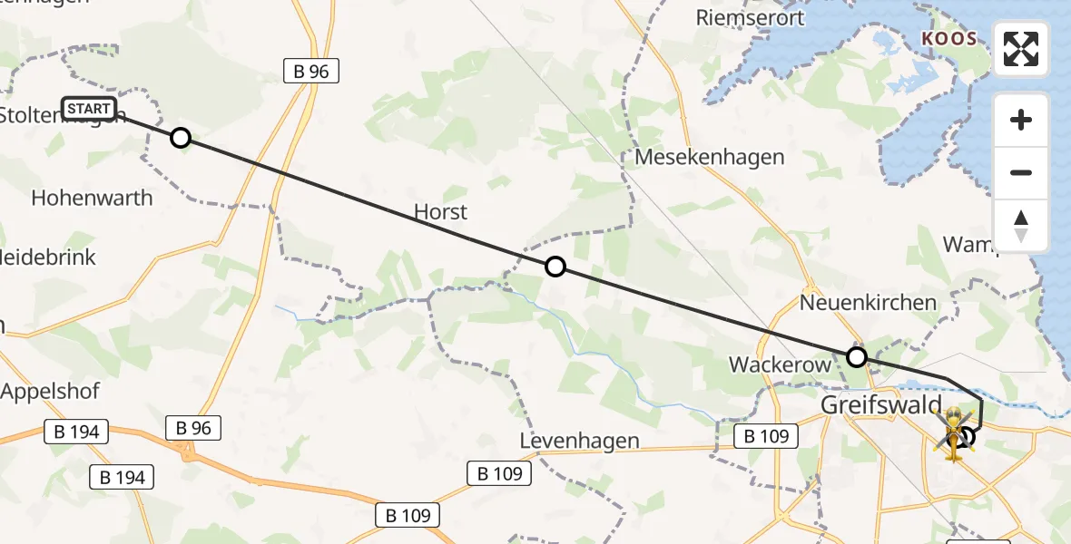 Flugroute Rettungshubschrauber Grimmen - Greifswald Hospital, 11 August 2026, 13:23
