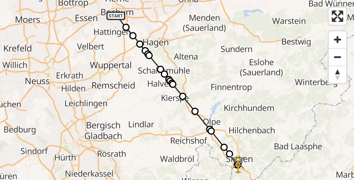 Flugroute Rettungshubschrauber Bochum - Evangelisches Jung-Stilling Hospital, 11 August 2026, 13:23