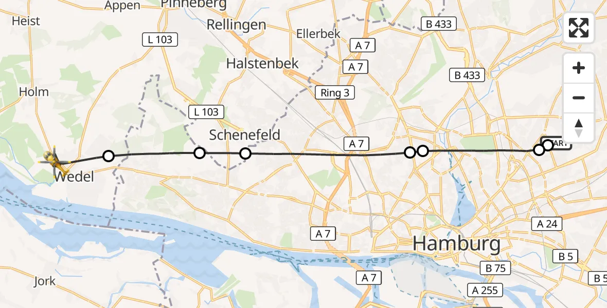 Flugroute Rettungshubschrauber Hamburg Military Hospital - Wedel, 11 August 2026, 13:25