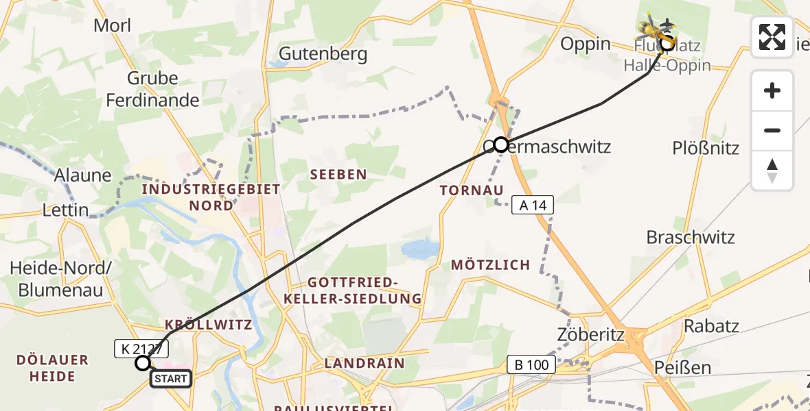Flugroute Rettungshubschrauber Halle (Saale) University Hospital - Halle-Oppin Flugplatz, 11 August 2026, 13:28