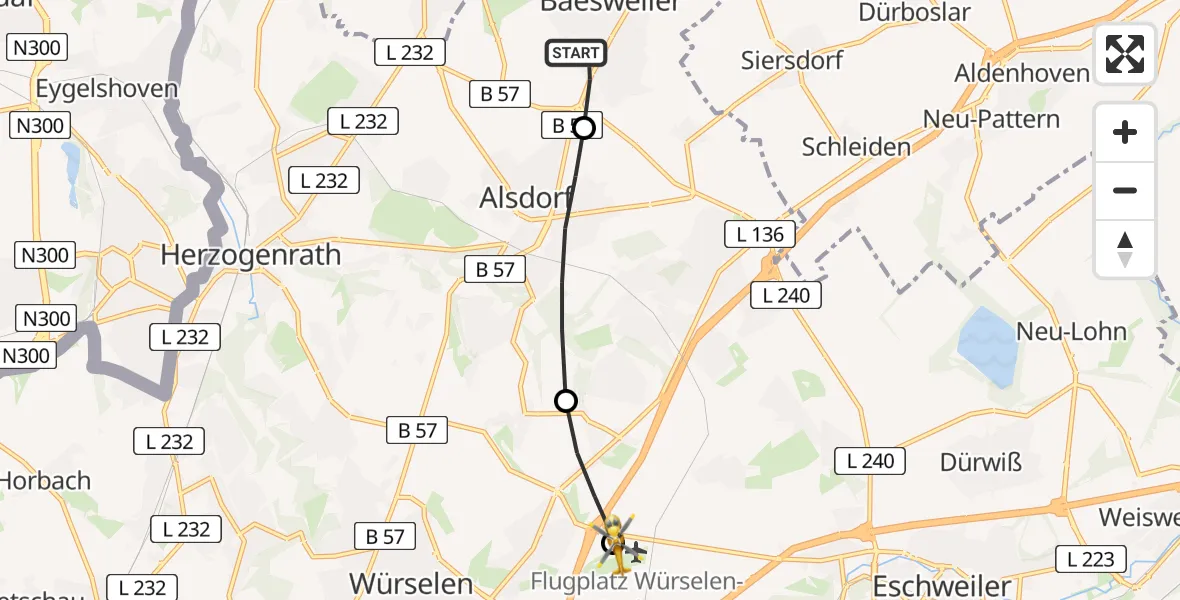 Flugroute Rettungshubschrauber Baesweiler - Aachen-Merzbrück Flughafen, 11 August 2026, 13:33