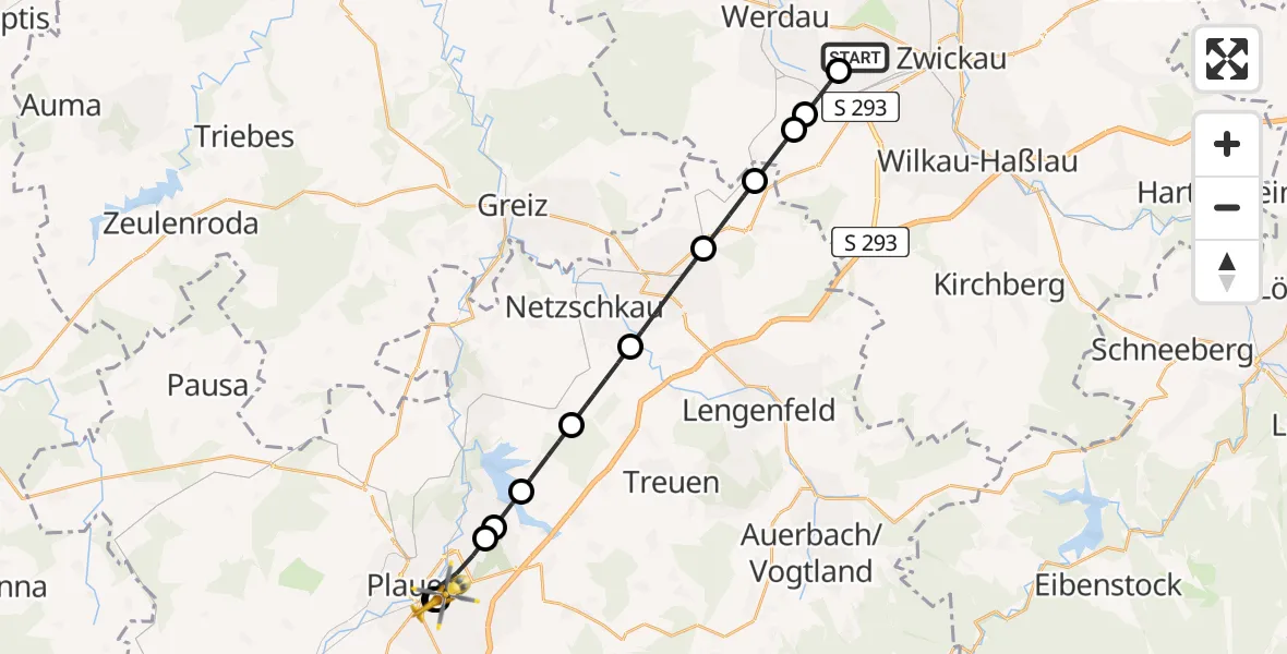 Flugroute Rettungshubschrauber ADAC Air Rescue Station Zwickau Hubschrauberlandeplatz - Helios Clinic Plauen, 11 August 2026, 13:34