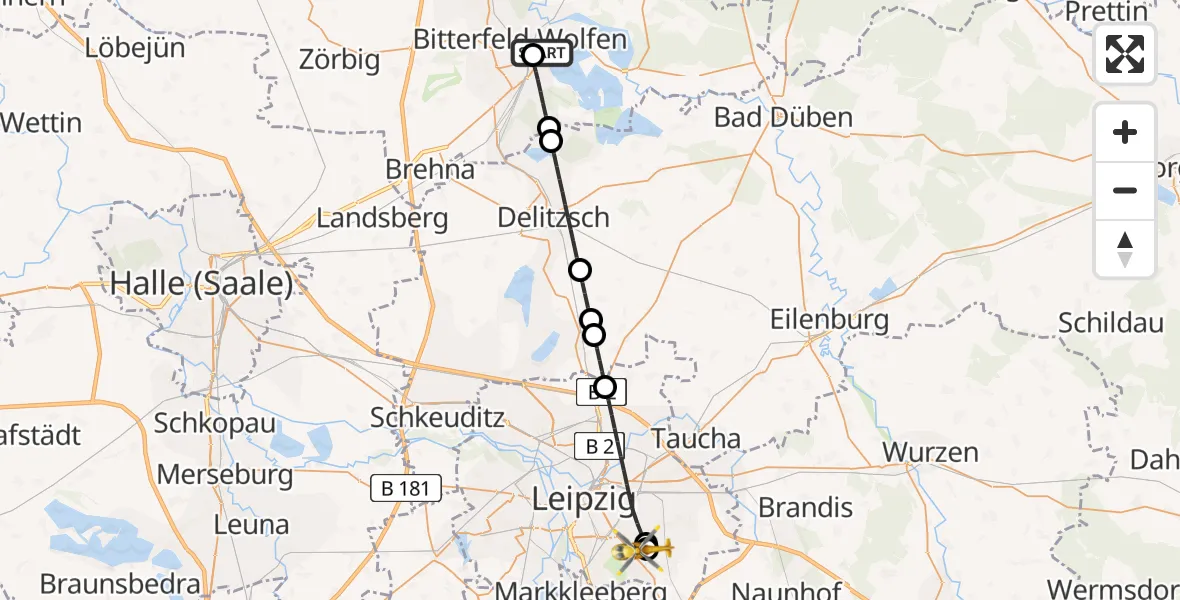 Flugroute Rettungshubschrauber Bitterfield-Wolfen Health Center Hubschrauberlandeplatz - Leipzig Heart Center Ground Hubschrauberlandeplatz, 11 August 2026, 13:36
