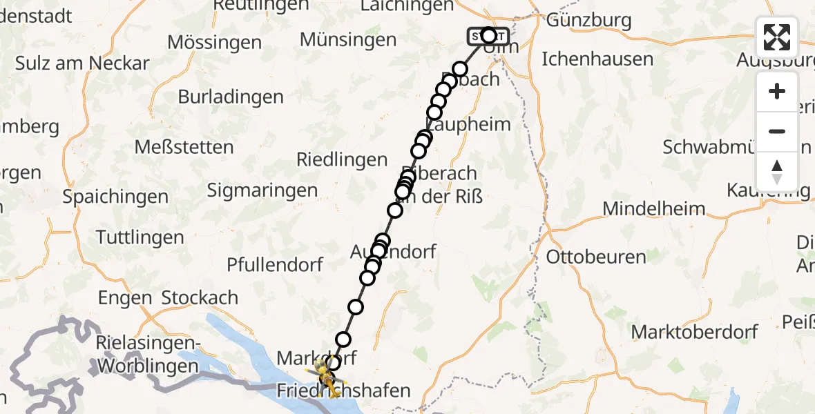Flugroute Rettungshubschrauber Ulm Military Hospital Emergency - Friedrichshafen Hospital, 11 August 2026, 13:37