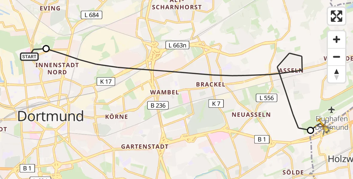 Flugroute Rettungshubschrauber Dortmund Hospital North - Dortmund Flughafen, 11 August 2026, 13:45