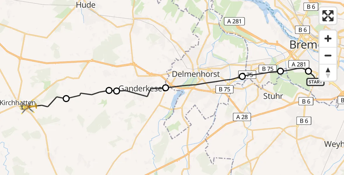 Flugroute Rettungshubschrauber Bremen - Hatten, 11 August 2026, 13:48