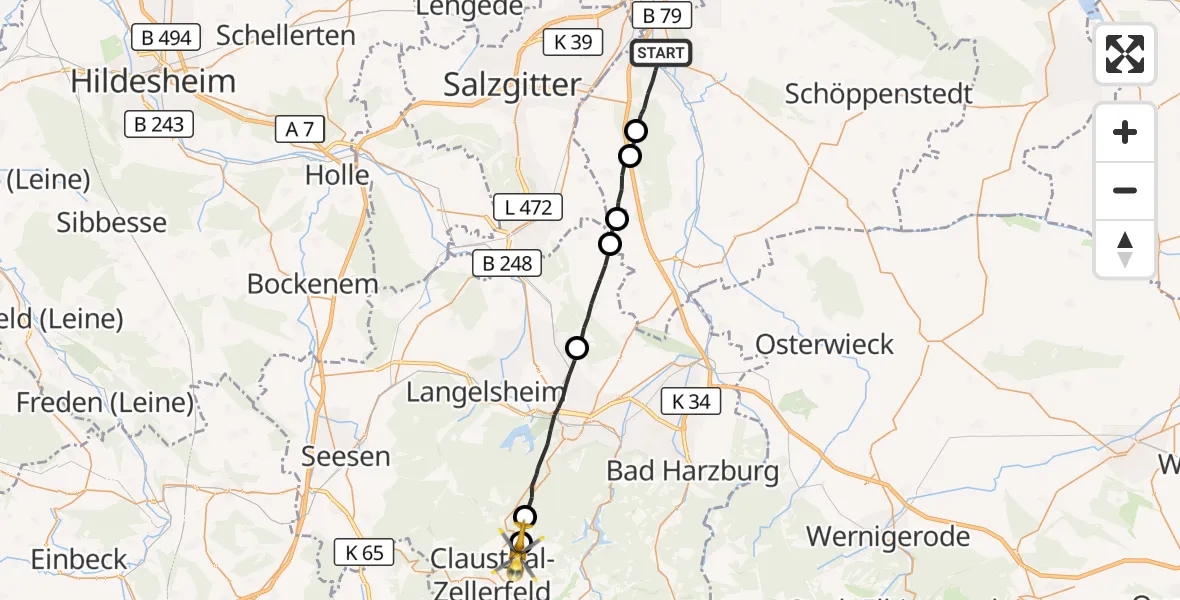 Flugroute Rettungshubschrauber Wolfenbüttel - Harz (Landkreis Goslar), 11 August 2026, 13:49