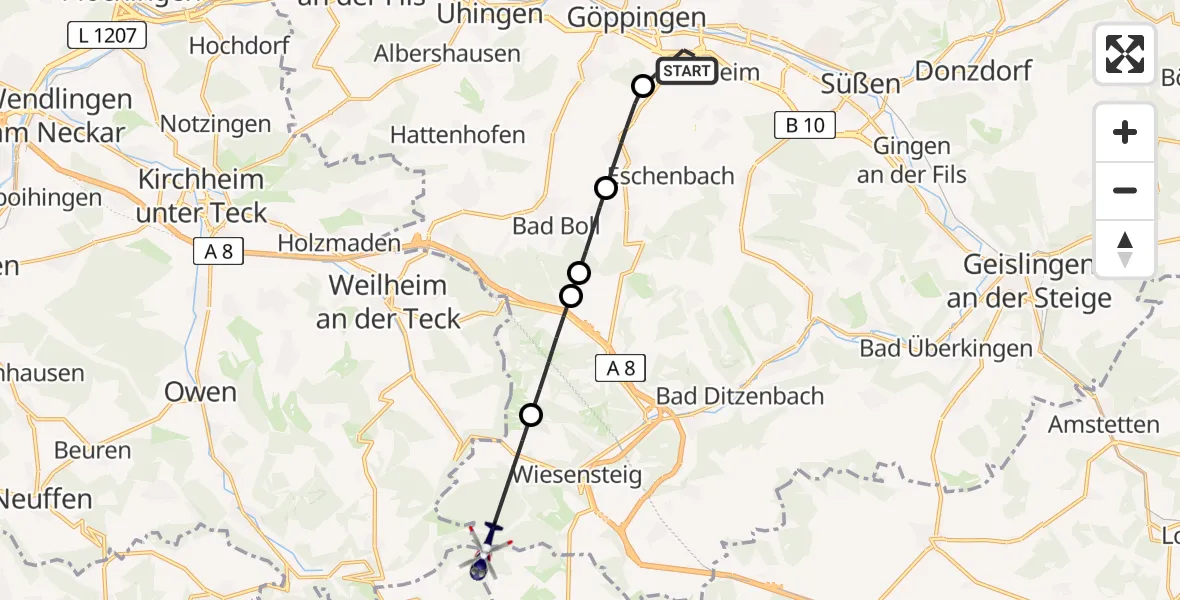 Flugroute Polizeihubschrauber Göppingen - Wiesensteig, 11 August 2026, 13:53