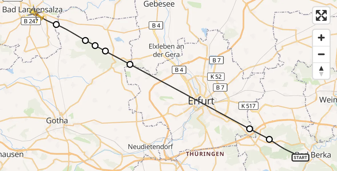 Flugroute Ambulanzhubschrauber Bad Berka - Bad Langensalza, 11 August 2026, 14:04