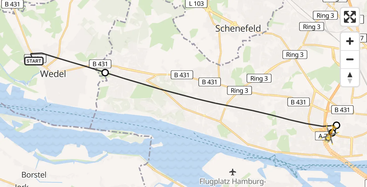 Flugroute Rettungshubschrauber Wedel - Asklepios Hospital Altona, 11 August 2026, 14:04