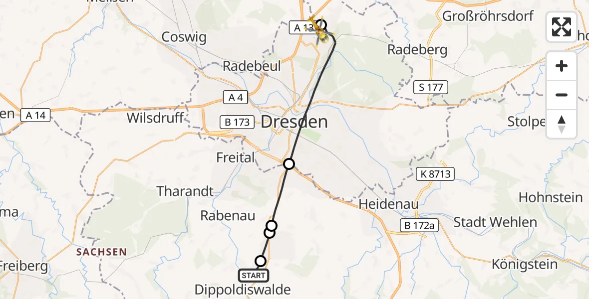 Flugroute Rettungshubschrauber Dippoldiswalde - Dresden Bundespolizei Hubschrauberlandeplatz, 11 August 2026, 14:09