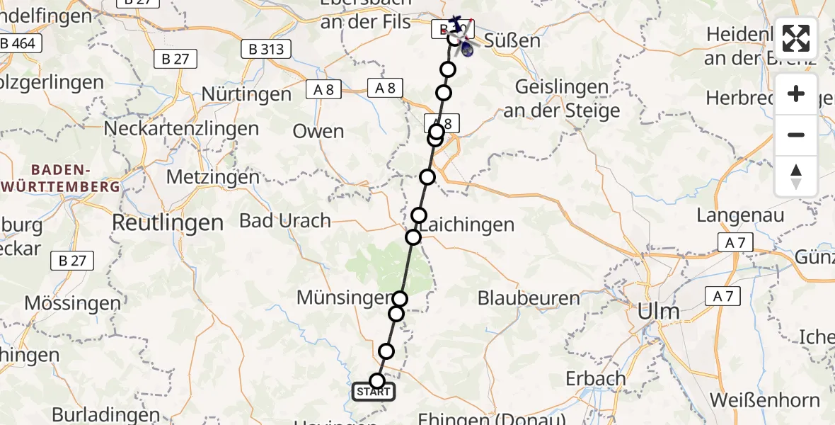 Flugroute Polizeihubschrauber Ehingen (Donau) - Göppingen, 11 August 2026, 14:12