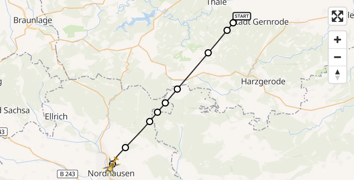 Flugroute Rettungshubschrauber Thale - Südharz Hospital Nordhausen, 11 August 2026, 14:18