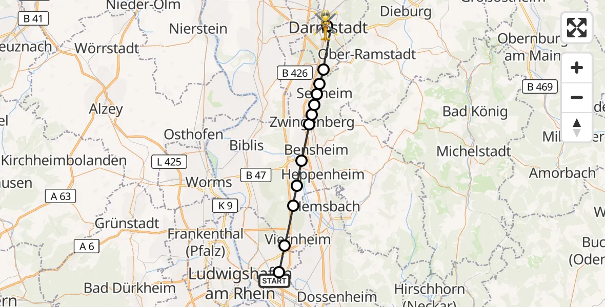 Flugroute Rettungshubschrauber Mannheim-City Flughafen - Darmstadt Hospital, 11 August 2026, 14:23