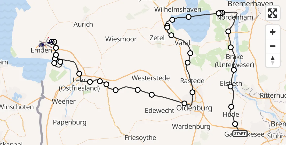 Flugroute Polizeihubschrauber Ganderkesee - Emden, 11 August 2026, 14:24