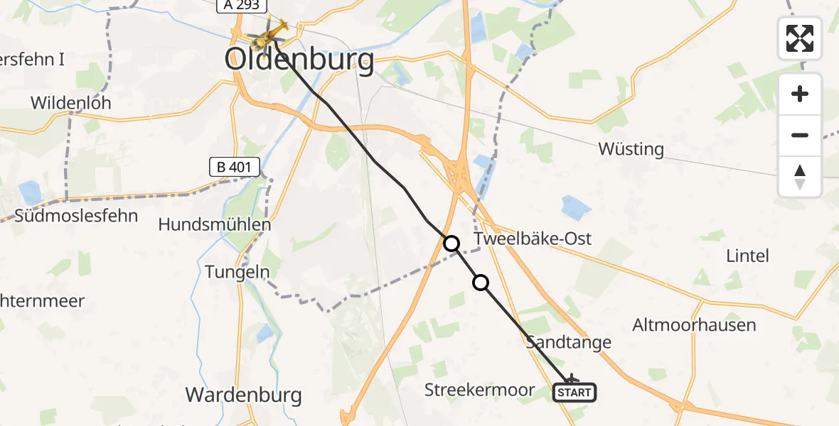 Flugroute Rettungshubschrauber Oldenburg-Hatten Flugplatz - Oldenburg (Oldb), 11 August 2026, 14:36