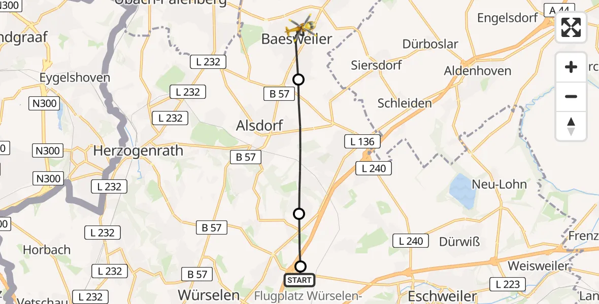 Flugroute Rettungshubschrauber Aachen-Merzbrück Flughafen - Baesweiler, 11 August 2026, 14:37