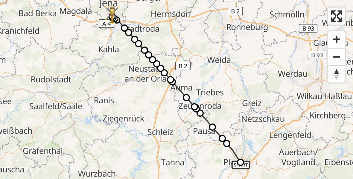 Flugroute Rettungshubschrauber Helios Clinic Plauen - Lobeda Hubschrauberlandeplatz, 11 August 2026, 14:38