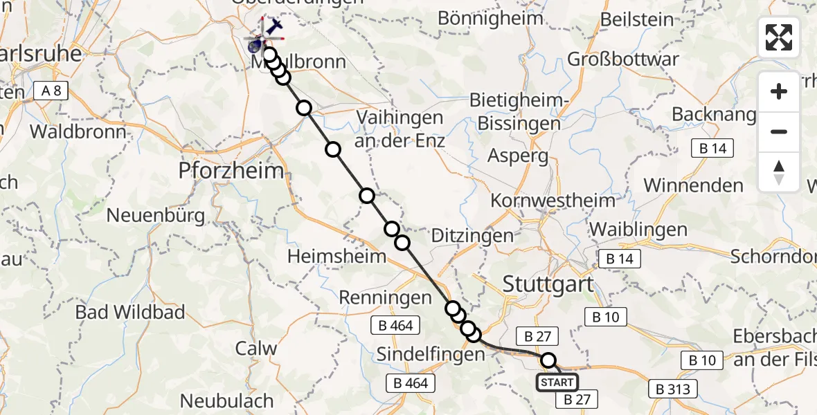 Flugroute Polizeihubschrauber Flughafen Stuttgart - Knittlingen, 11 August 2026, 14:56