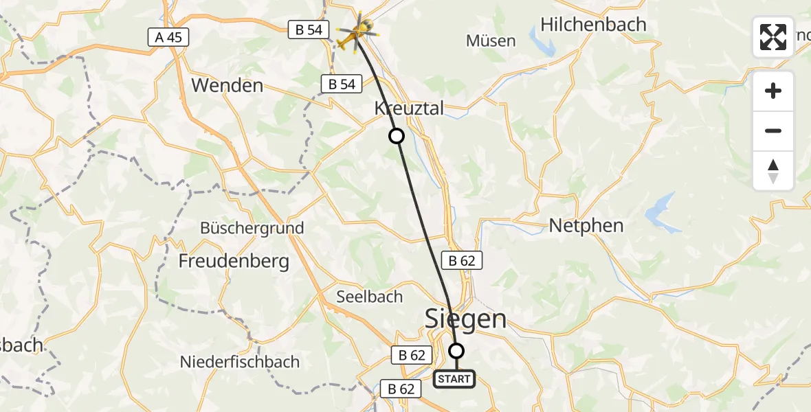 Flugroute Rettungshubschrauber Evangelisches Jung-Stilling Hospital - Kreuztal, 11 August 2026, 15:00